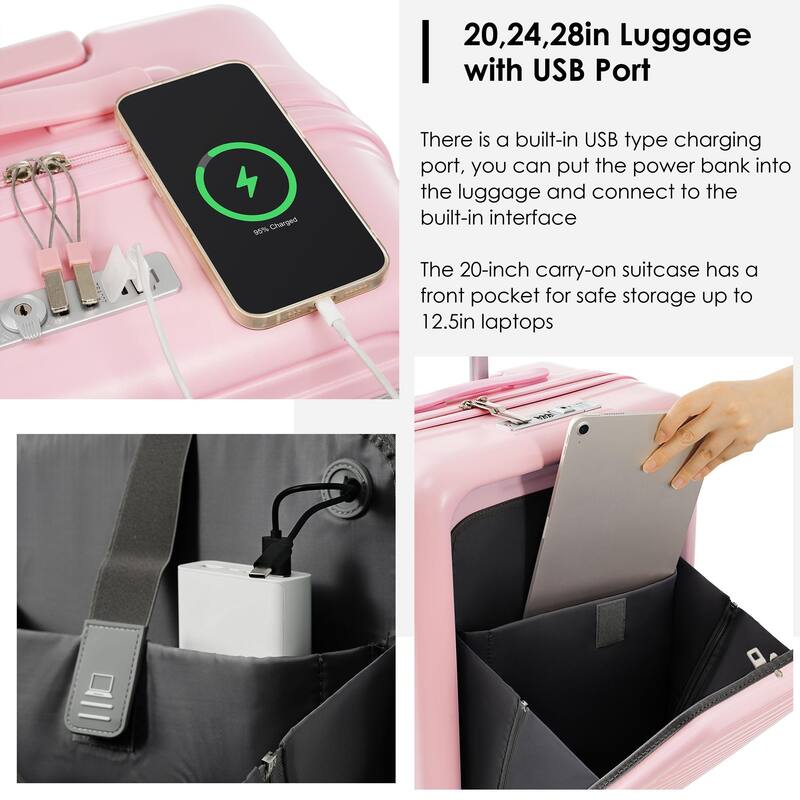 Luggage Sets 4 Piece with USB Charging Ports, Front-Opening Hardside Carry On Suitcase Set with TSA Lock Travel Duffel Bag