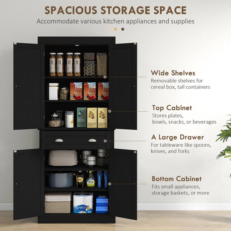 Black Wood Grain Storage Cabinet with Drawer and Adjustable Shelves Ideal for Kitchen or Bathroom - 30" W x 16" D x 72.5" H