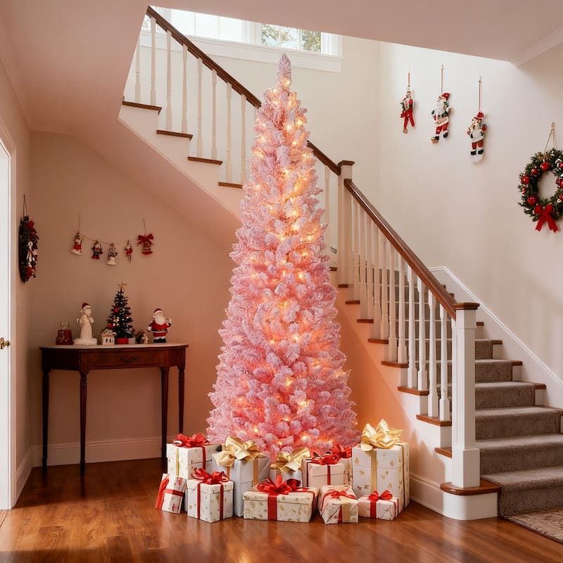 Pink Slim Christmas Tree with LED Lights and Snow-Flocked PVC Branches Included Metal Stand and Gloves