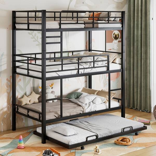 slide 2 of 12, Antique Black Twin Metal Triple Bunk Bed with Trundle & Ladder Antique Black