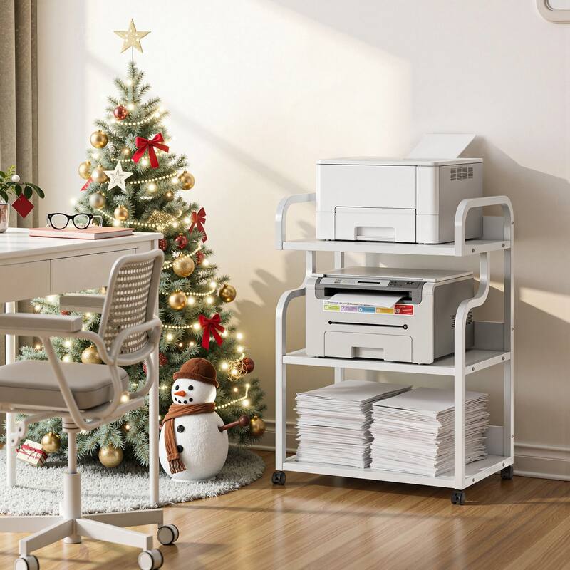 Javlergo 2-in-1 White Rolling Utility Cart with Outlets & USB Ports 3-Tier Open Shelf or 2-Tier with Door Cabinet Office Cart