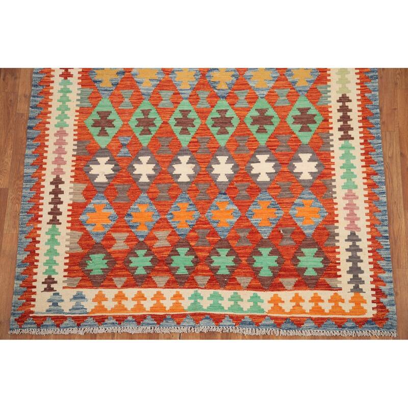 Hand Woven Oriental 100% Wool Carpet Southwestern All-Over Oranges & Rust Kilim Area Rug - 6' 2'' X 5' 0''