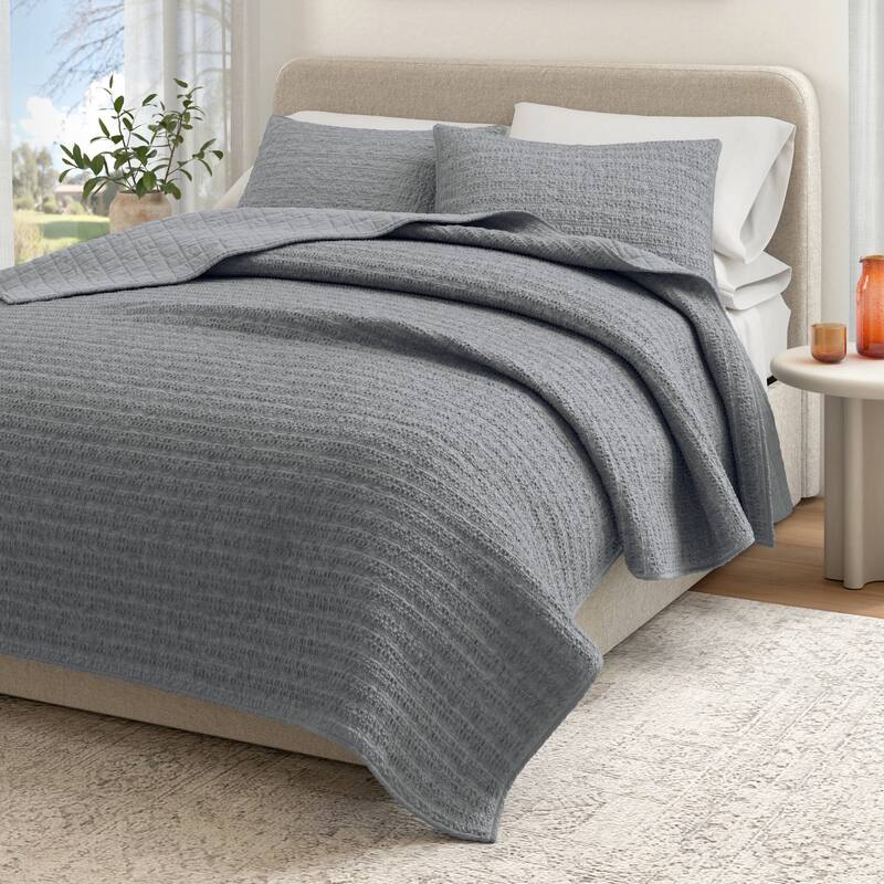 Linery & Co. 100% Cotton Honeycomb Waffle Garment Washed Quilt Set. - Denim Blue - King