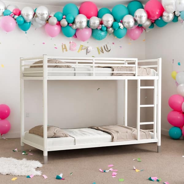 slide 2 of 10, Twin over Twin Metal Bunk Bed,Sturdy Construction & Secure Guardrail,Ladder,No Box Spring Needed,White White