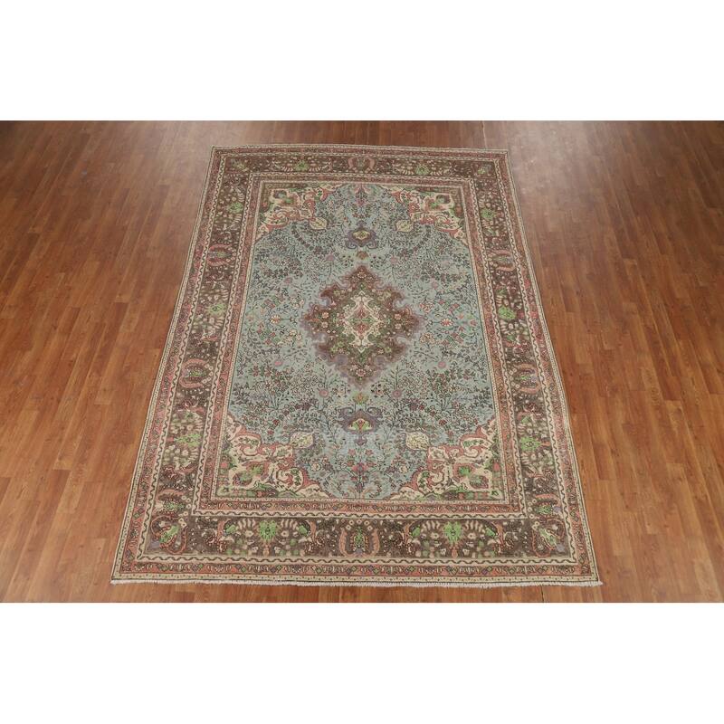 Blue Traditional Tabriz Persian Rug Hand-Knotted Floral Wool Carpet - 6'8"x 9'7"