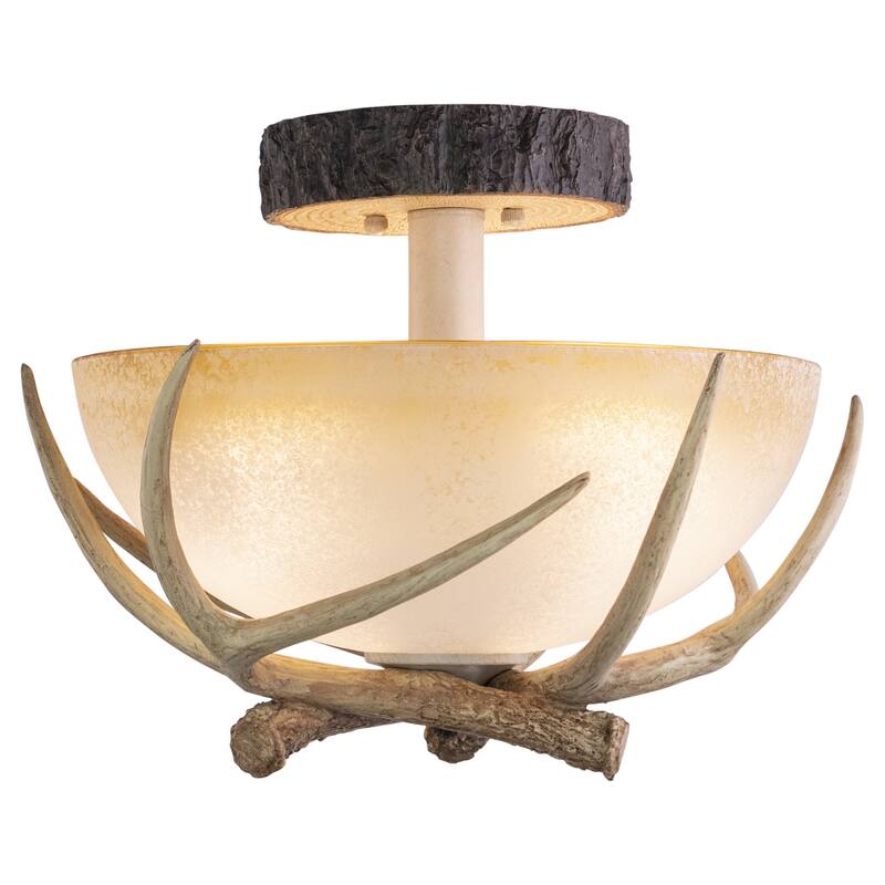 Lodge 16-in W Cream Rustic Antler Bowl Semi Flush Mount Ceiling Light Cream Glass - 16-in W x 12.75-in H x 16-in D - Noachian Stone - 16-in W x 12.75-in H x 16-in D