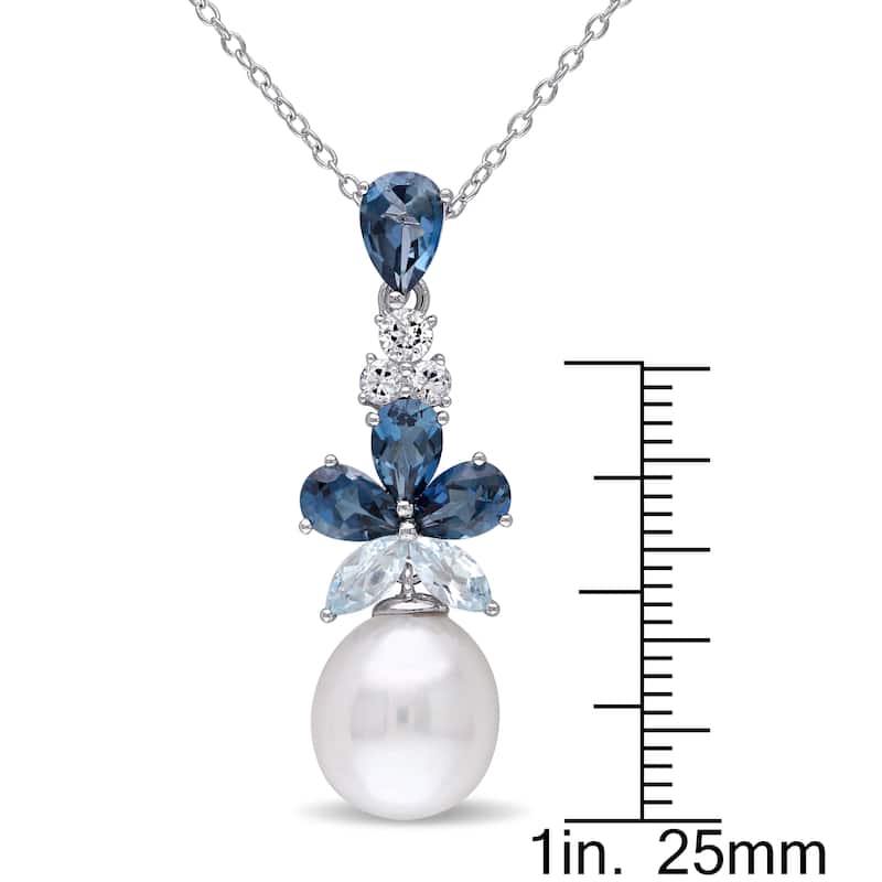 Miadora 3 1/4 ct TGW London, Sky Blue and White Topaz and 9.5-10mm White Cultured Freshwater Pearl Drop Sterling Silver