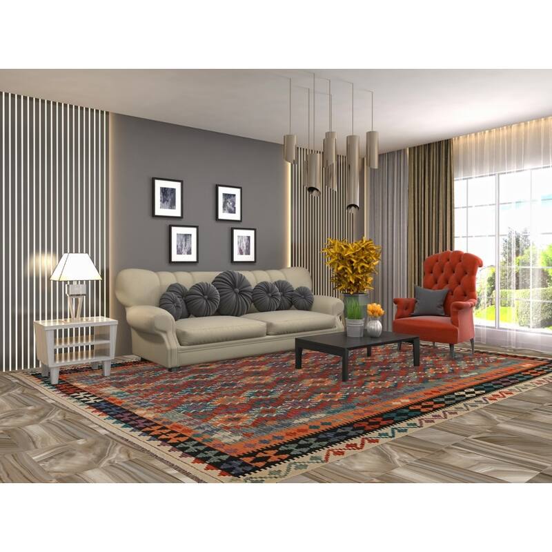 Geometric Kilim Area Rug Flatweave Wool Carpet - 8'8"x 11'10"
