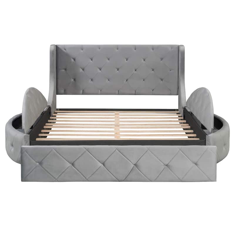 Roomfitters Queen Upholstered Platform Bed, Tufted Wingback Headboard, Velvet Frame, Storage Unit & Semicircular Stools