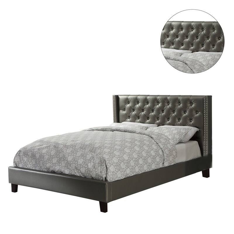 Full Size Faux Leather Upholstered Platform Bed Frame with Tufted Wingback Headboard, Modern and Elegant Design for Bedroom
