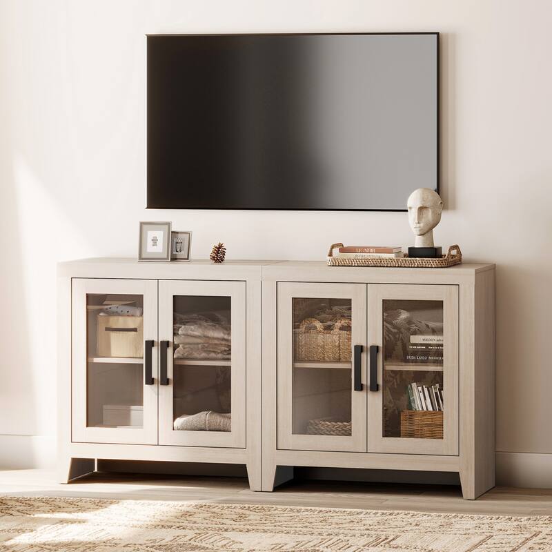 WAMPAT Modern Farmhouse Modular Buffet Cabinet, Glass Door Sideboard with Adjustable Shelves