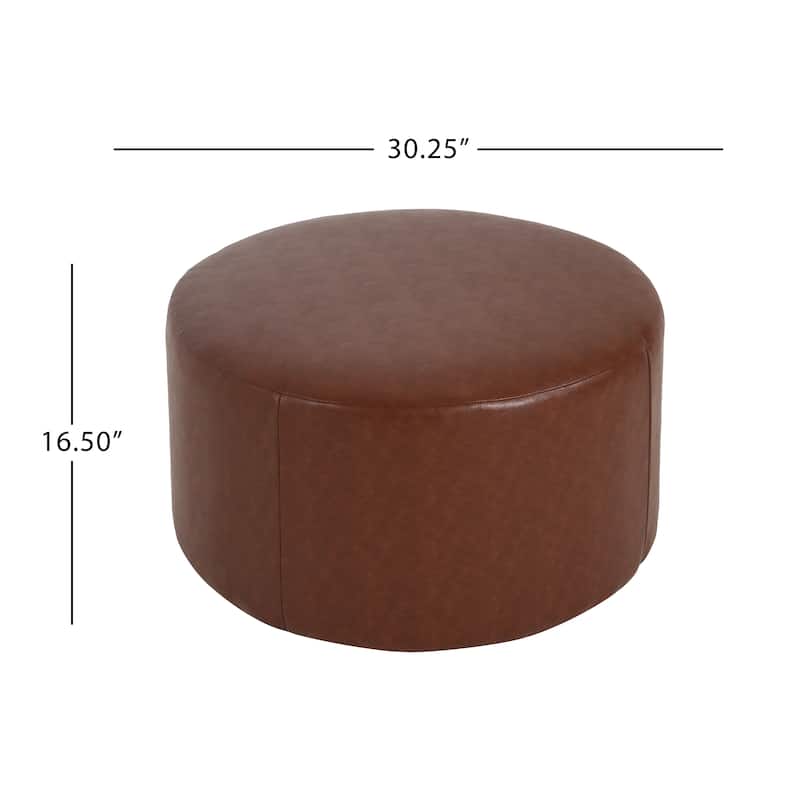 PU Leather Round Ottoman - Classic Brown Upholstered Accent Furniture