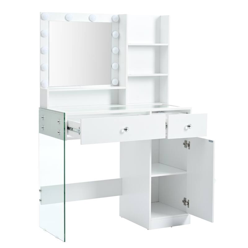 Vanity Desk with Mirror & Lights, Glass Top Dressing Table, Makeup Table with Charging Station, 2 Drawers & Cabinet