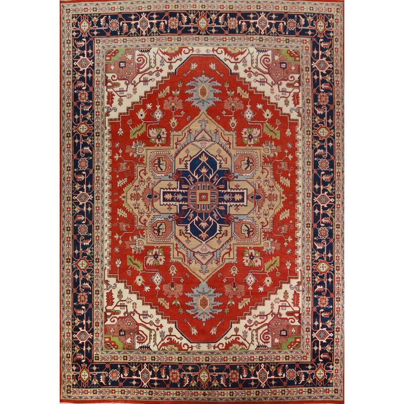 Orange Medallion Heriz Serapi Large Rug Hand-Knotted Wool Carpet - 11'8" x 15'3"