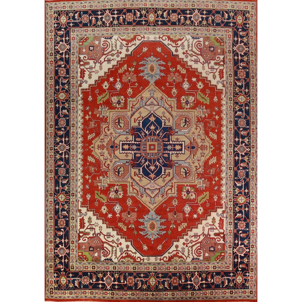 Orange Medallion Heriz Serapi Large Rug Hand-Knotted Wool Carpet - 11'8" x 15'3"