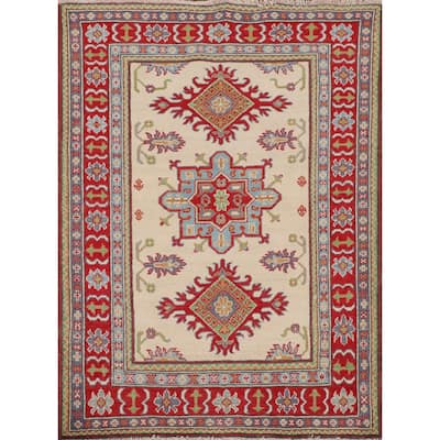 Kazak Foyer Rug Handmade Traditional Beige Wool Carpet - 3'7" x 4'8"