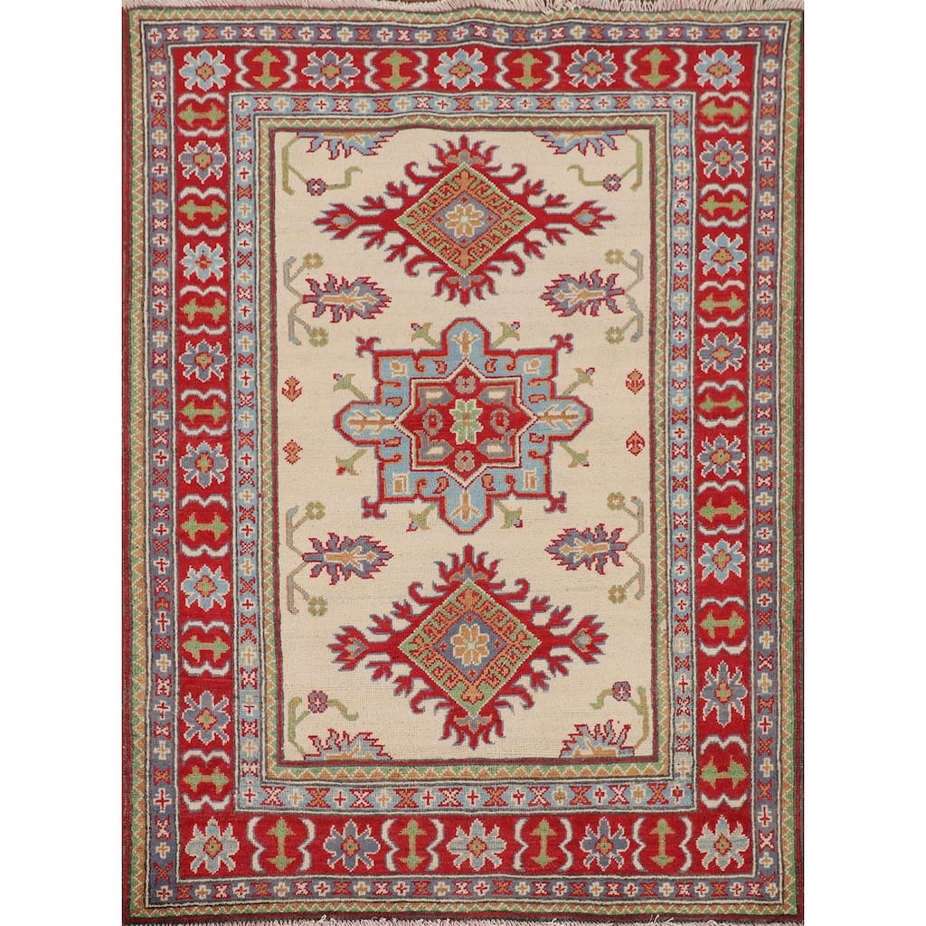 Kazak Foyer Rug Handmade Traditional Beige Wool Carpet - 3'7" x 4'8"