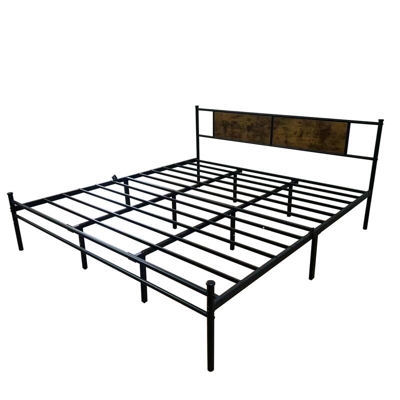 Queen Size Metal Platform Bed with Wood Headboard and Footboard, 14" Under-Bed Storage