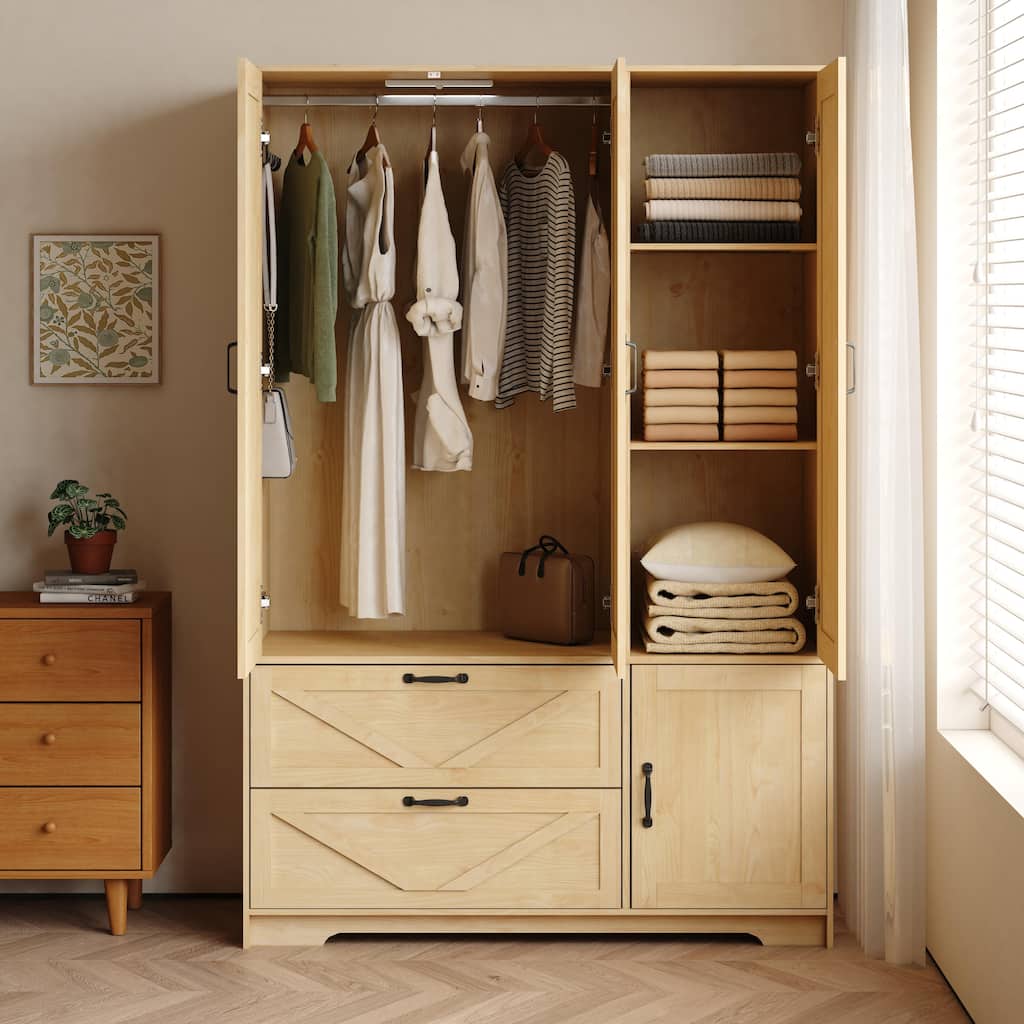 LED Wardrobe Cabinet Bedroom Tall Armoire with Mirror, Folding and Hanging Areas