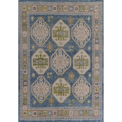 Hand Knotted Oriental 100% Wool Carpet Transitional Geometric Navy Blue & Blues Oushak Area Rug - 10' 10'' X 8' 3''