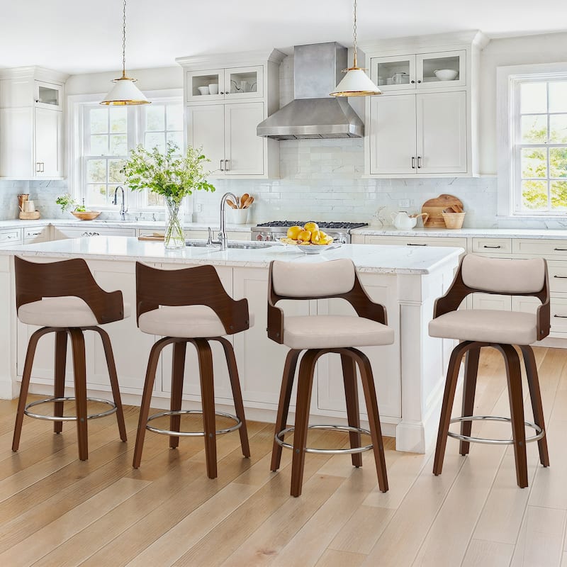 26.in Counter Height Stool Swivel Wooden Faux Leather Bar Stool with Curved Back - Tan Color - Set of 4