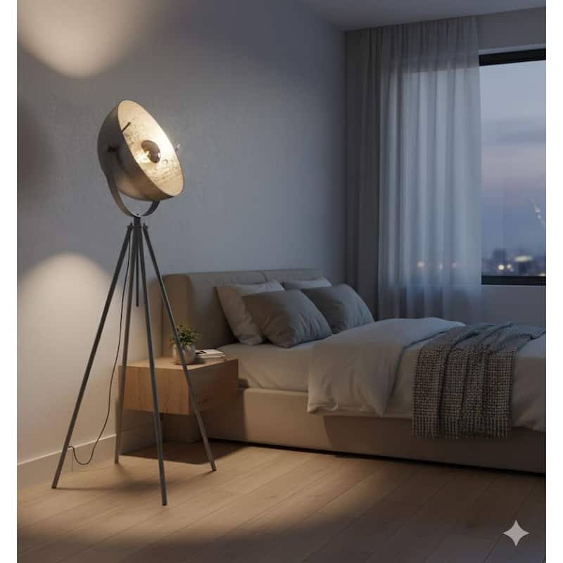 1 Light Grey Tripod Leg Floor Lamp With a Silver Leaf Interior Shade