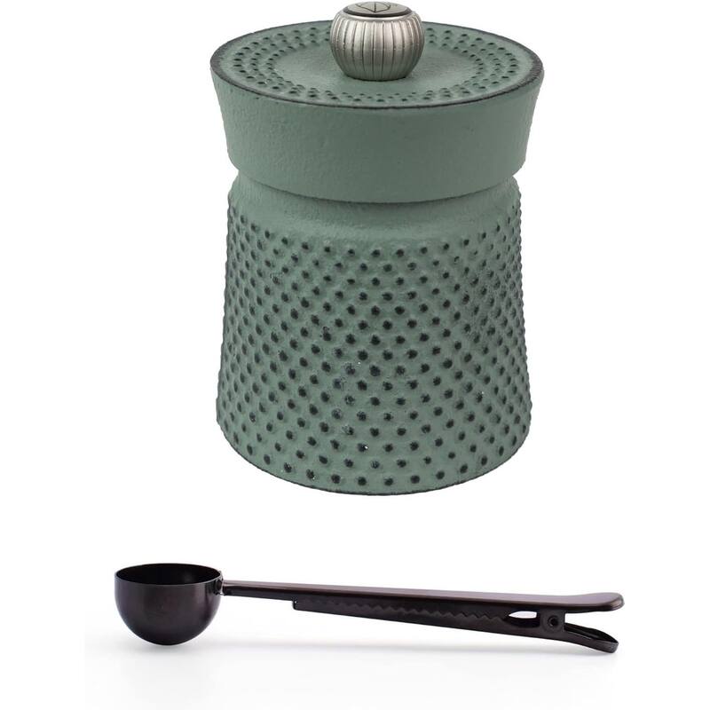 Peugeot BALI FONTE Cast Iron Pepper Mill, 8cm/3 In, With Stainless Steel Spice Scoop/Bag Clip (Celadon) - Green - 2 Piece