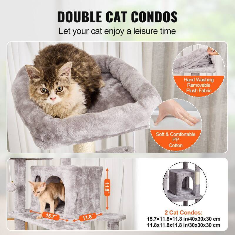 Light Grey Plush 8-Layer Cat Tree with Condos, Hammock and Toys