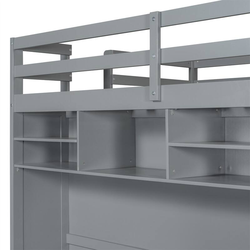 Full Size Loft Bed with LED Light, Wardrobe and 2 Storage Drawers, Solid Wood Loft Bedframe with Open Storage Shelves