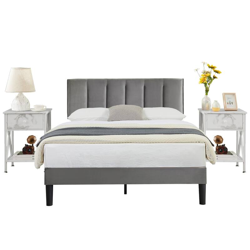 VECELO 3-Pieces Bedroom Sets Upholstered Bed Frame and Nightstands Set of 2 Dark Grey Platform Bed Frame