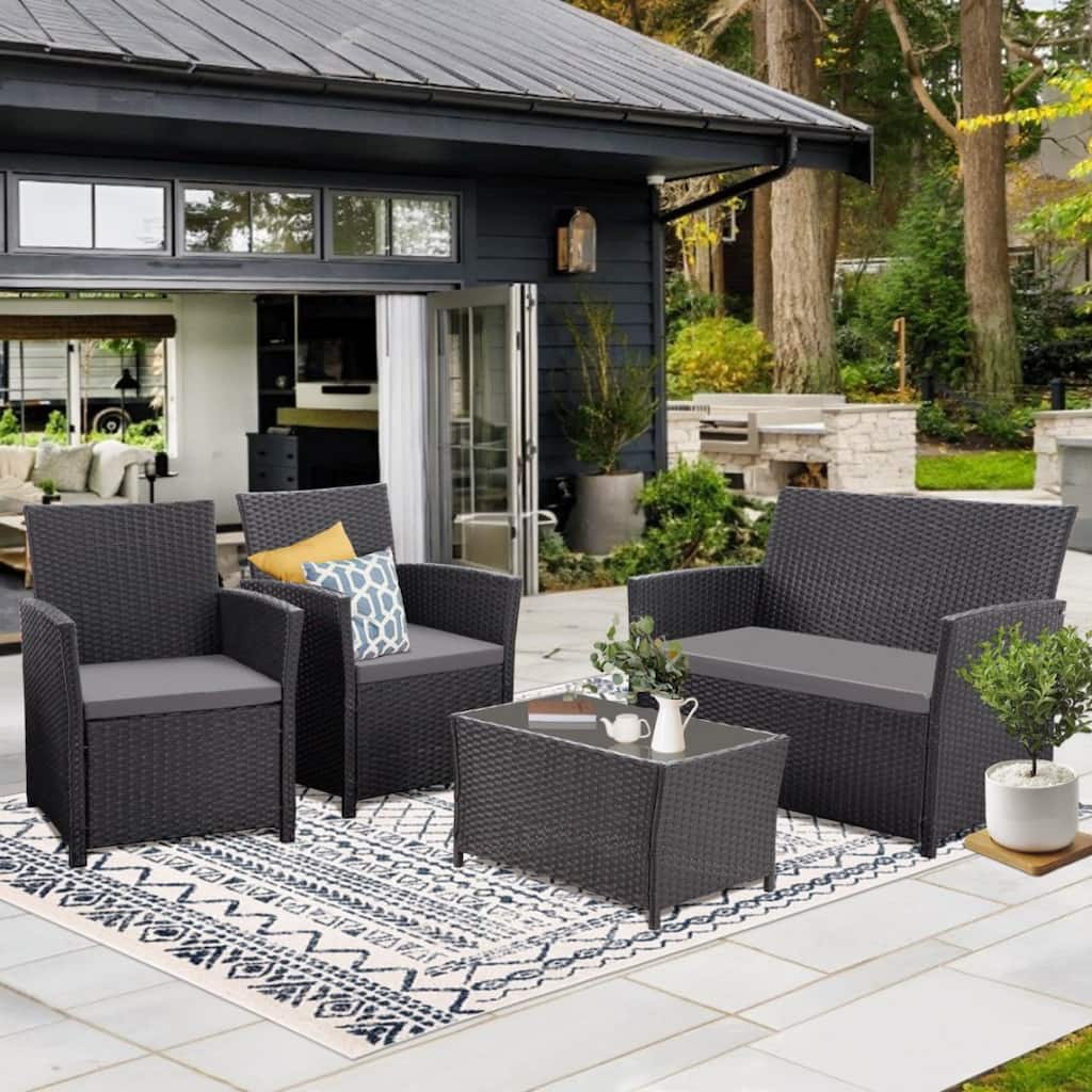4-Piece Wicker Outdoor Sofa Set, 1 Loveseats, 2 Single Sofas, 1 Table