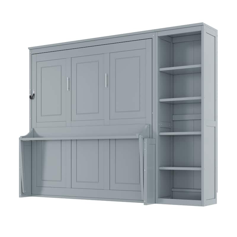 Murphy Bed with Bookshelf, Foldable Platform Bed with Desk, Storage Bed