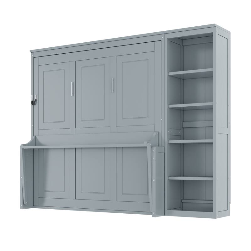 Queen Size Murphy Bed with Desk and Bookshelf in Gray, Space-saving Design