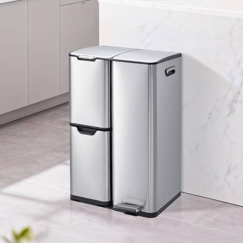 16 Gal Triple Compartment Kitchen Trash Can, Garbage Can with Lid for Bathroom Home Office - Silver