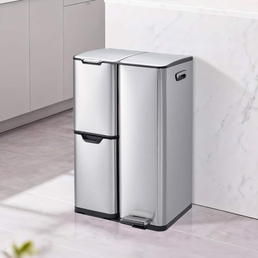 16 Gal Triple Compartment Kitchen Trash Can, Garbage Can with Lid for Bathroom Home Office