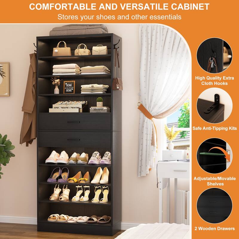 9-Tier Shoe Cabinet with 2 Drawers, Freestanding Closet Organizer with Adjustable Storage Shelves