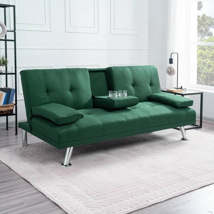 Futon Sofa Bed Couch with Armrest & Cupholders, Faux Leather Sofa Bed Couch Convertible Folding Reclining Small Couch