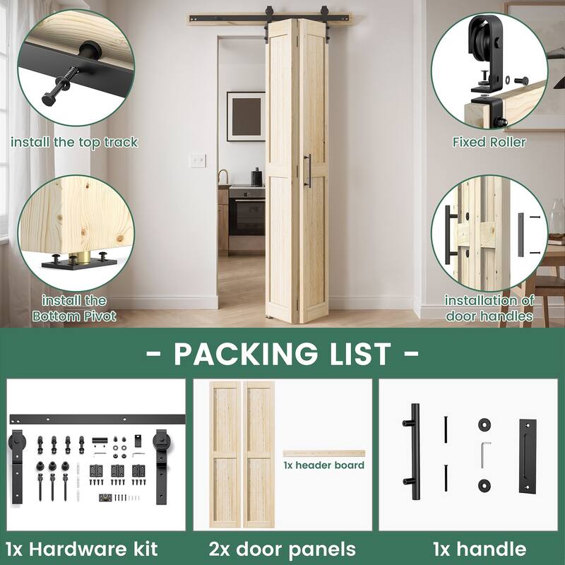 Assembled 30in./32in./36in./40in./44in./48in. x 84 in. Solid Core Pine Wood Bi-Fold Door With Hardware Kit