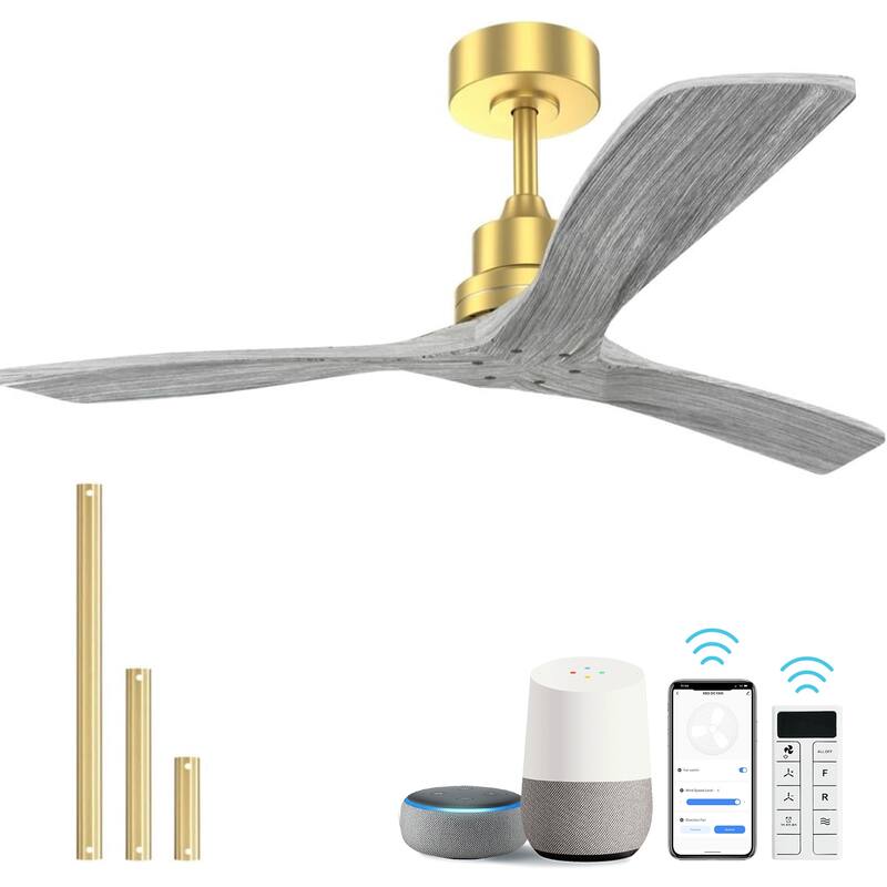 Sofucor 52 Inch Ceiling Fan without Light Solid Wood,with Remote,Smart Optional-Alexa/Google Assistant/APP/Remote Control - Smart(Remote+APP+Voice Control) - Gold with Gray