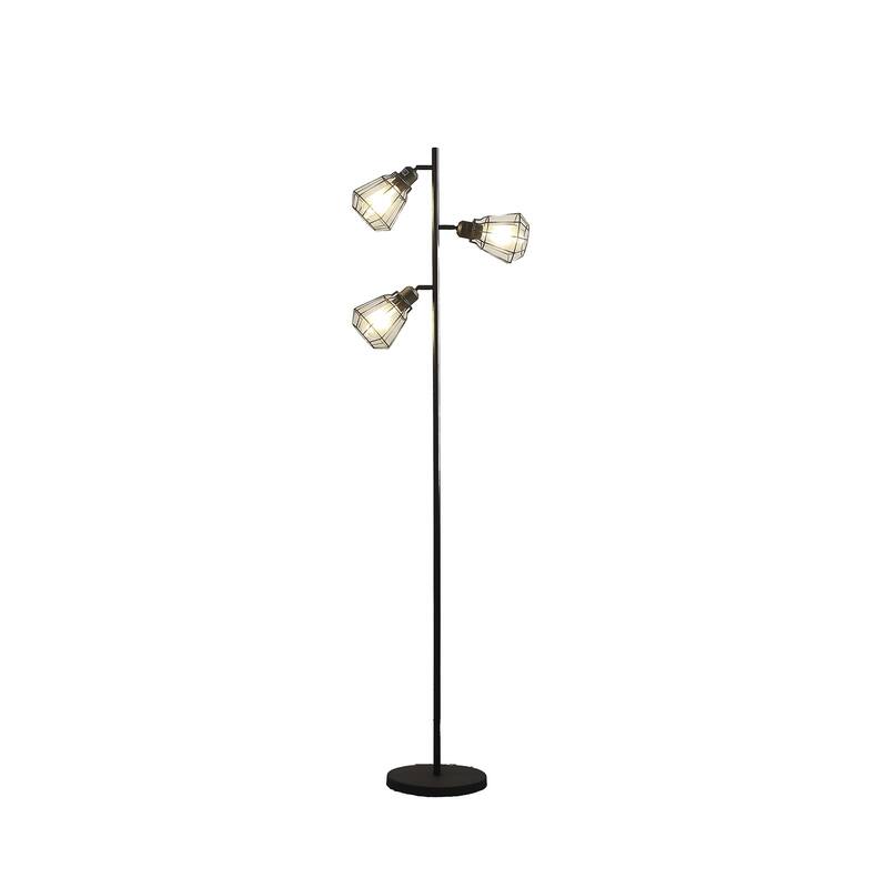 HomeRoots 66" Black Metal Three Light Tree Floor Lamp With Black Metal Cage Shade - 10