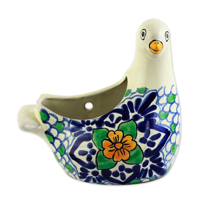 Novica Handmade Puebla Dove Ceramic Flower Pot - White