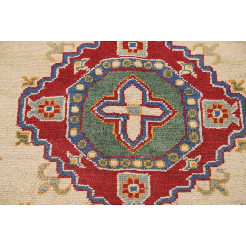 Beige Geometric Kazak Area Rug Hand-Knotted Wool Carpet - 4'2" x 5'9"