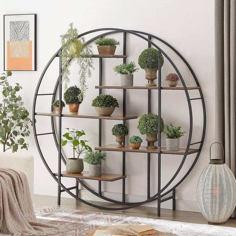 5-Tier Retro Industrial Bookshelf, Metal Frame & Wood Shelves Storage Rack, Multi-Functional Plant Display Stand