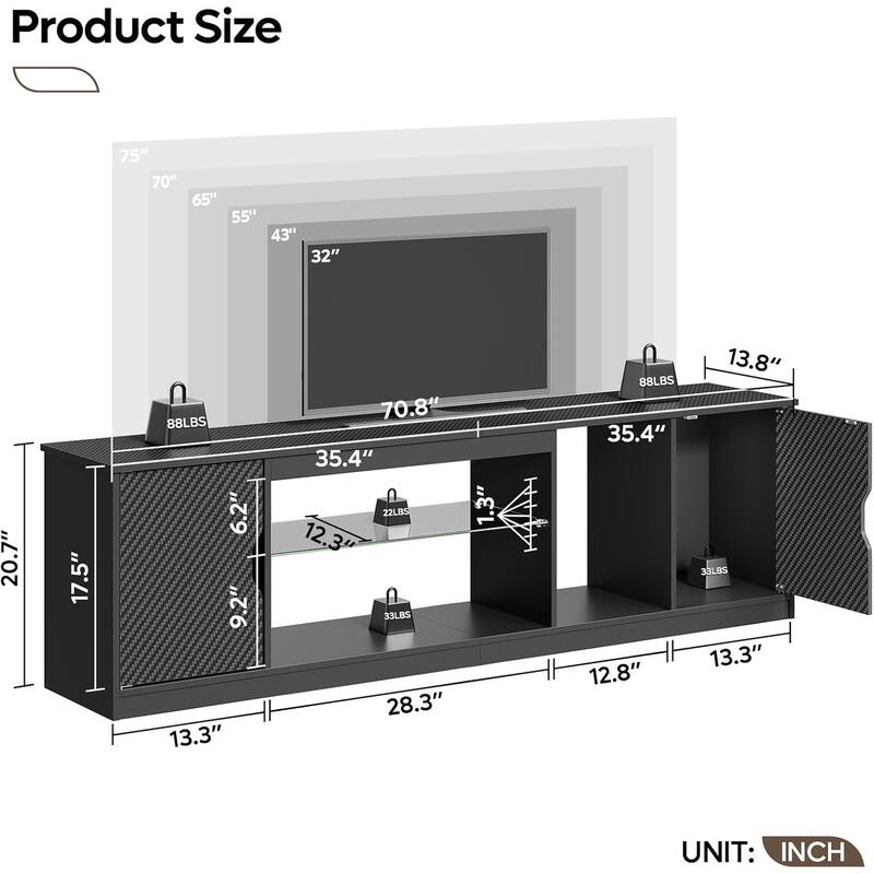 Bestier 70" TV Stand for TV, LED Gaming Entertainment Center with Storage Cabinet and Adjustable Tempered Glass Shelf