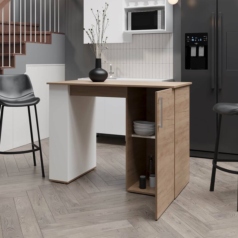 Vernon Kitchen Island with 1 Door and Open Storage, White and Natural Oak