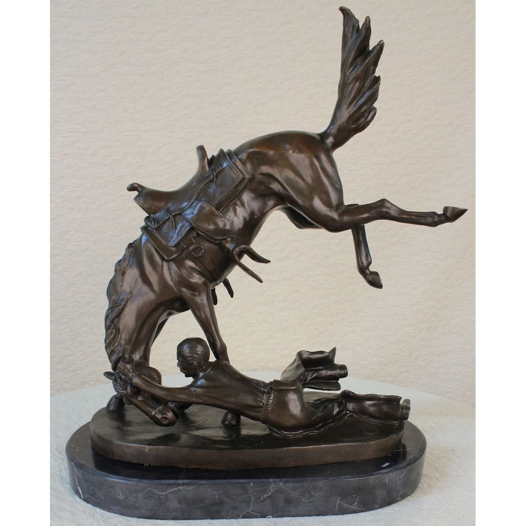 Signed Cowboy Horse Western Bronze Sculpture Statue Marble Base Figure Decor