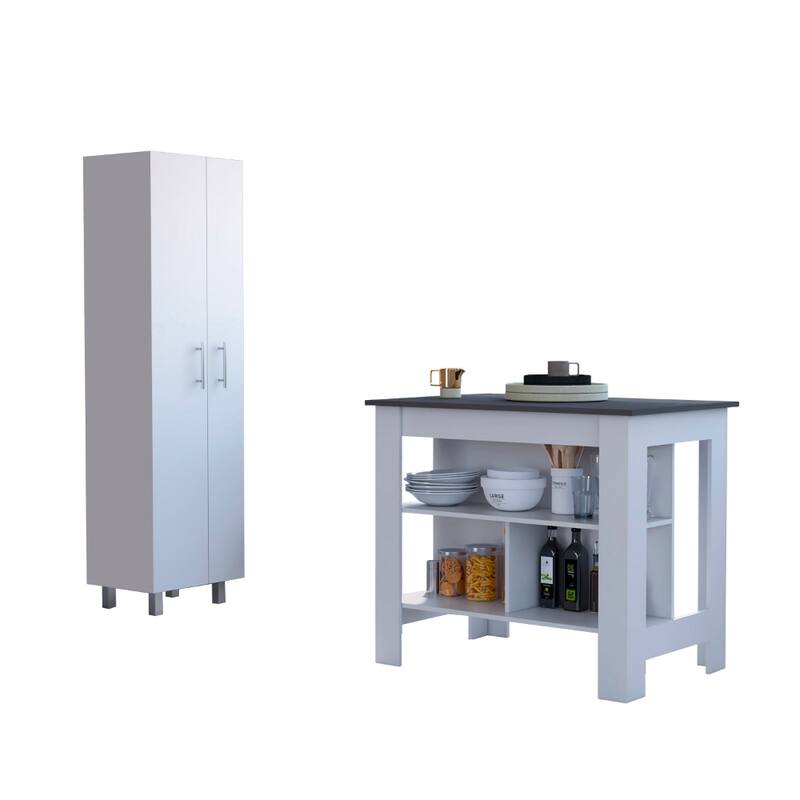 White and Onyx 2-Piece Kitchen Set, Kitchen Island and Pantry Cabinet - White