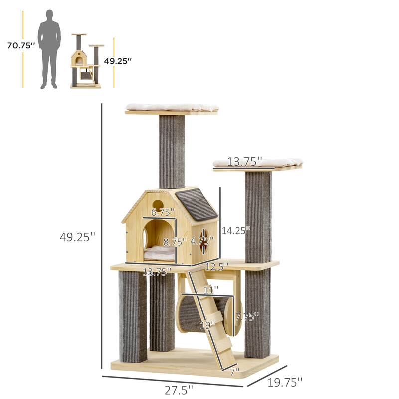 PawHut Cozy-House Cat Tree for Indoor Cats with Pillow-Covered Perches, Spinning Toy