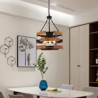 Modern Farmhouse 5-Light Drum Wood Chandelier Round Pendant Lights for Dining Room - 18" D x 24" H