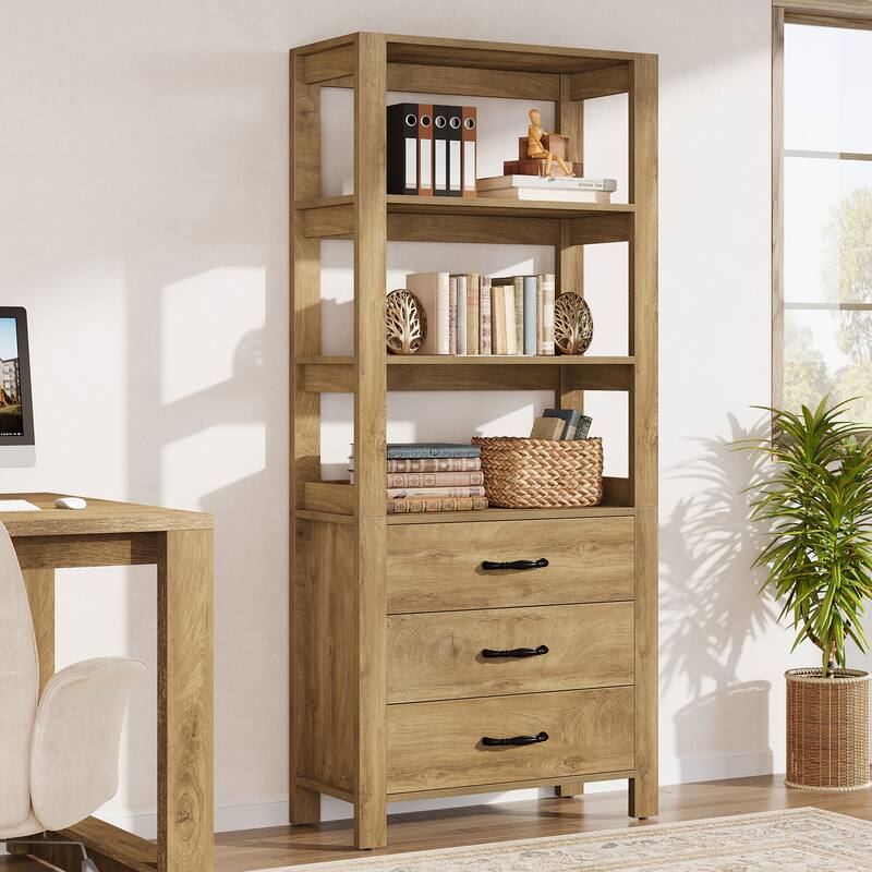 Modern 4-tier Tall Bookcase with Drawers and Open Display Shelf - 13.78" D x 31.5" W x 70.9" H - Brown